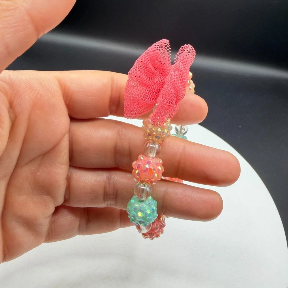 Girls Pink Flower Beaded Stretch Bracelet Sparkly Pastel Kids Gift Cute Floral